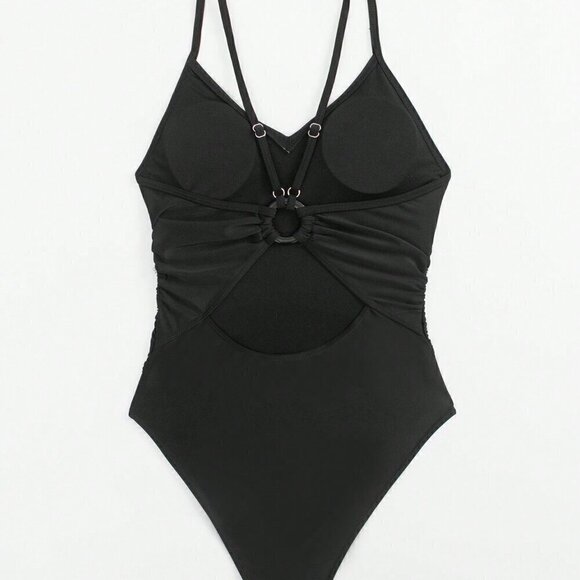 Black Women's Summer Beach Cut Out Ring Linked One Piece Swimsuit - Picture 5 of 8
